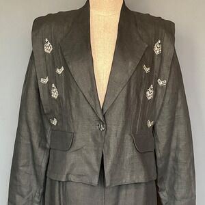 Bellissima 1980s Linen Blazer & Skirt Set | Size 4 | Black Silver jewels Vintage